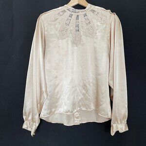 Vintage Beige Lace & Satin Blouse With Pearl Buttons women's size medium boho